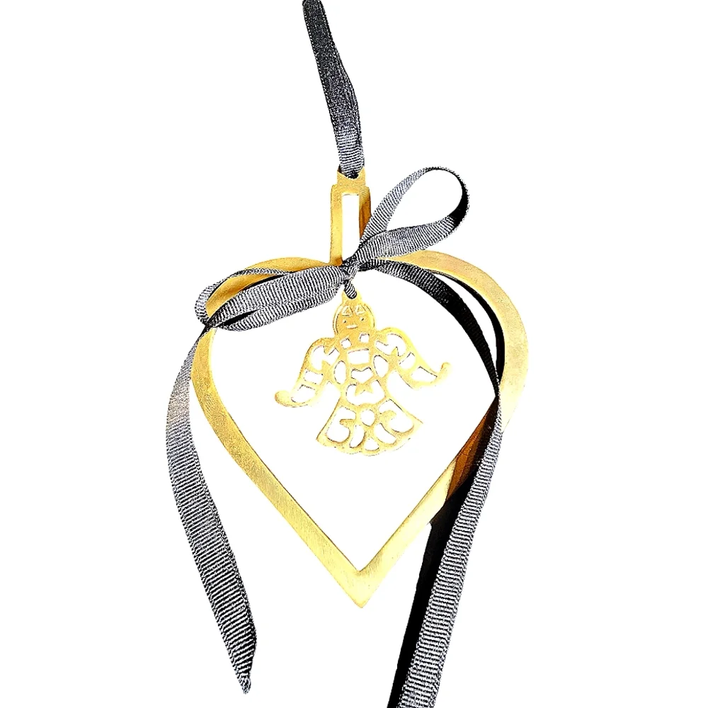 Vintage Brass Heart With Center Angel & Black‎ Ribbon Christmas Ornament 6